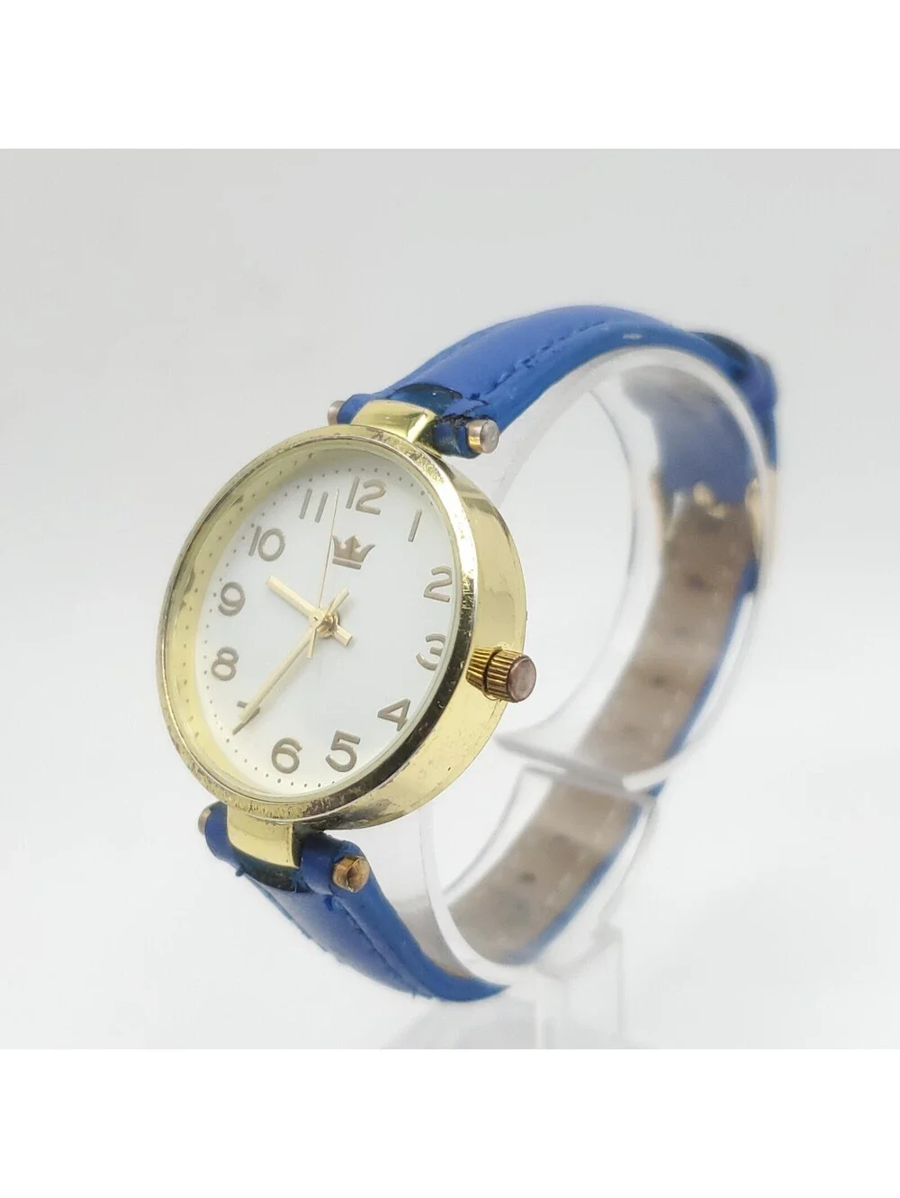 Accutime Quartz  Womens Watch 30mm Gold Tone Blue Leather Band New Battery
